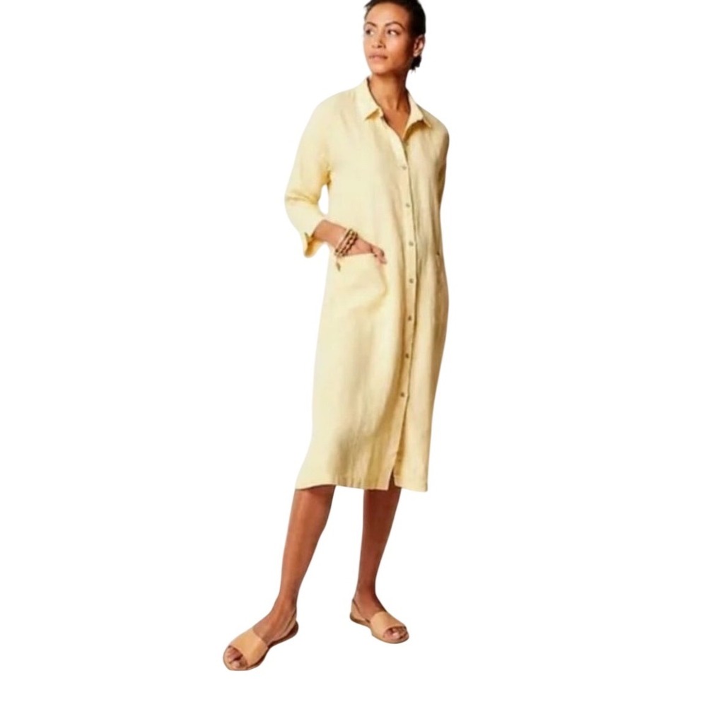 Pure Jill Linen Shirt Dress Coastal Grandma Lagenlook Yellow Button Front Midi M